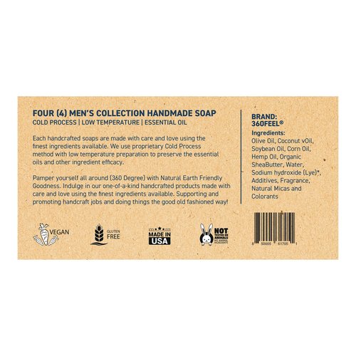 360Feel Mens Bar Soap - Made in the USA - Castile Handmade All Natural Cold Processed - Includes 4 Bold Masculine Scents: Bay Rum, Pine Tar Black Soap bar, Patchouli & Island Citrus (5oz, 4-Pack)