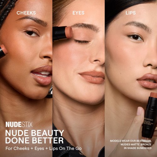Nudestix Nudies Bronze All Over Matte Bronzing Stick – 3-in-1 Cream Bronzer for Cheeks, Eyes & Lips with Built-In Brush | Natural Contour & Sun-Kissed Glow | Bondi Bae