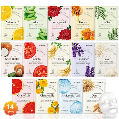 KONEUK 14 Pack Hydrating Sheet Face Masks - Ideal for Dry Skin | Perfect Facial Mask Gift Set