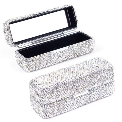 Framendino, Rhinestone Lipstick Case with Mirror Bling Crystal Lip Pomade Holder for Women (Silver)