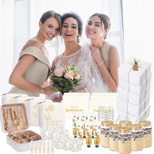 Teenyyou 60 Pcs Bridesmaid Proposal Gifts Bridesmaid Box Set Maid of Honor Gifts Wedding Bridal Shower Include Jewelry Box Glass Cup Scrunchies Hair Knotted Bracelets Hand Cream Lip Balm Cards (White)