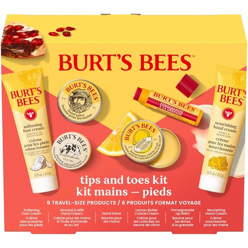 Burt's Bees Tips and Toes Gift Set - 6 Travel Size Moisturizers with Pomegranate Lip Balm & Creams