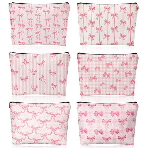 Kacctyen 6 Pack Pink Coquette Bow Makeup Bag Preppy Cosmetic Bags Zipper Pouch Travel Toiletry Bag Pink Trendy Pouch Bag Gift for Coquette Birthday Paty Favor Girls Travel Storage Accessories