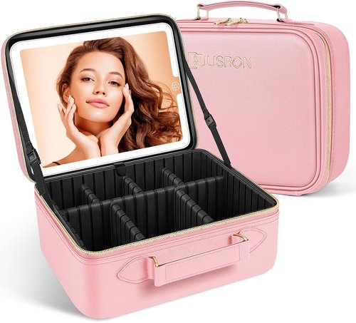 JUSRON Travel Makeup Bag - LED Mirror & Adjustable Dividers - Portable Organizer in Pink (Large)