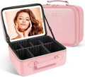 JUSRON Travel Makeup Bag - LED Mirror & Adjustable Dividers - Portable Organizer in Pink (Large)