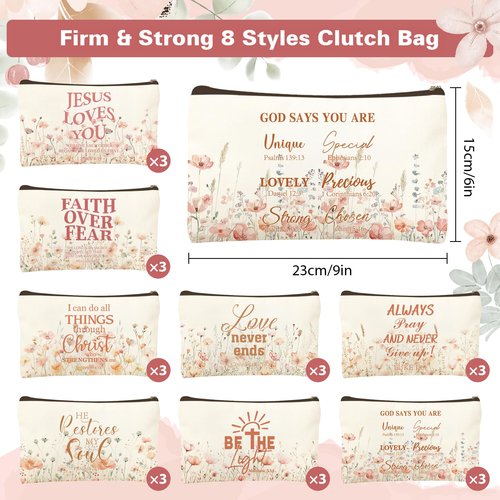 24 Pcs Christian Floral Makeup Bags Bulk for Women Bible Verse Cosmetic Bags with Zipper Inspirational Wildflower Canvas Travel Pouch Christian Gifts for Motivational Cosmetics Organizer Supplies