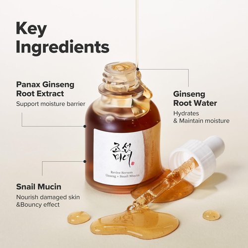 Beauty of Joseon Revive Snail Mucin Ginseng Serum - Hydrating Peptide Facial Moisturizer for Dark Spots & Acne Scars | 30ml