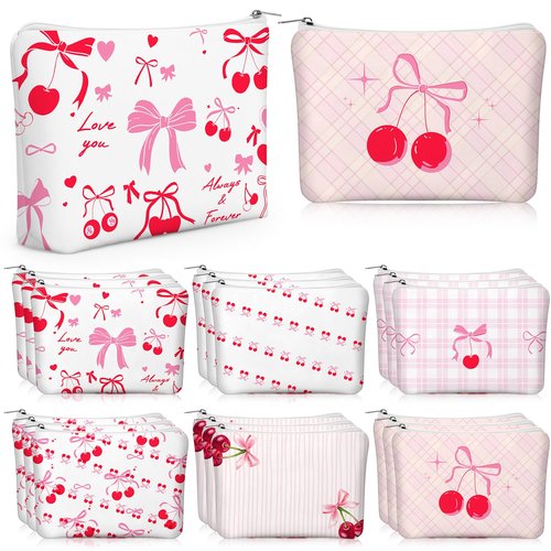 Kacctyen 12 Pcs Pink Cherry Bow Coquette Makeup Bag Cute Bow Canvas Cosmetic Bag International Womens Day Gifts for Women Girl with Zipper Aesthetic Travel Pouch Birthday Party Favor