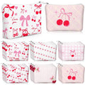 Kacctyen 12 Pcs Pink Cherry Bow Coquette Makeup Bag Cute Bow Canvas Cosmetic Bag International Womens Day Gifts for Women Girl with Zipper Aesthetic Travel Pouch Birthday Party Favor