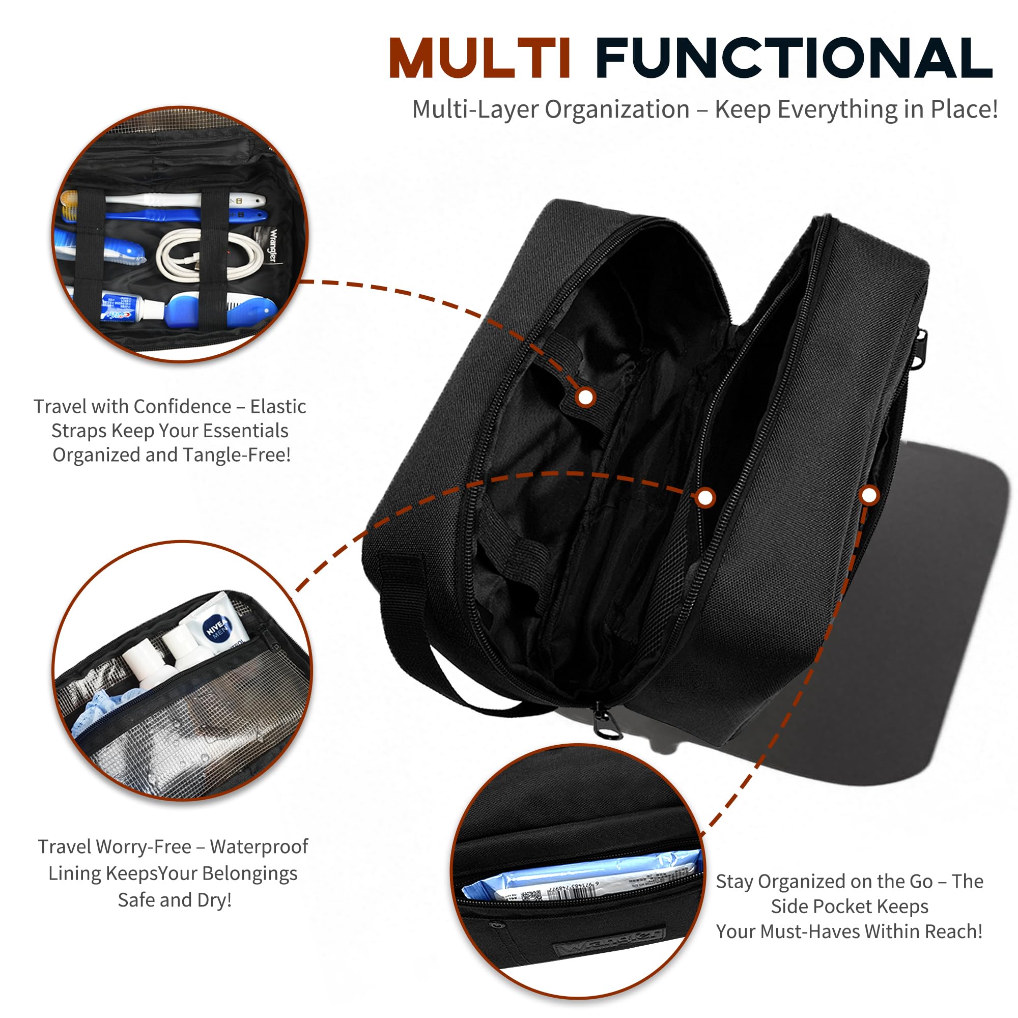 Wrangler Toiletry Bag for Men, Travel Shaving Dopp Kit, Oxford Fabric Tech Kit Bathroom Organizer, Gifts for Men
