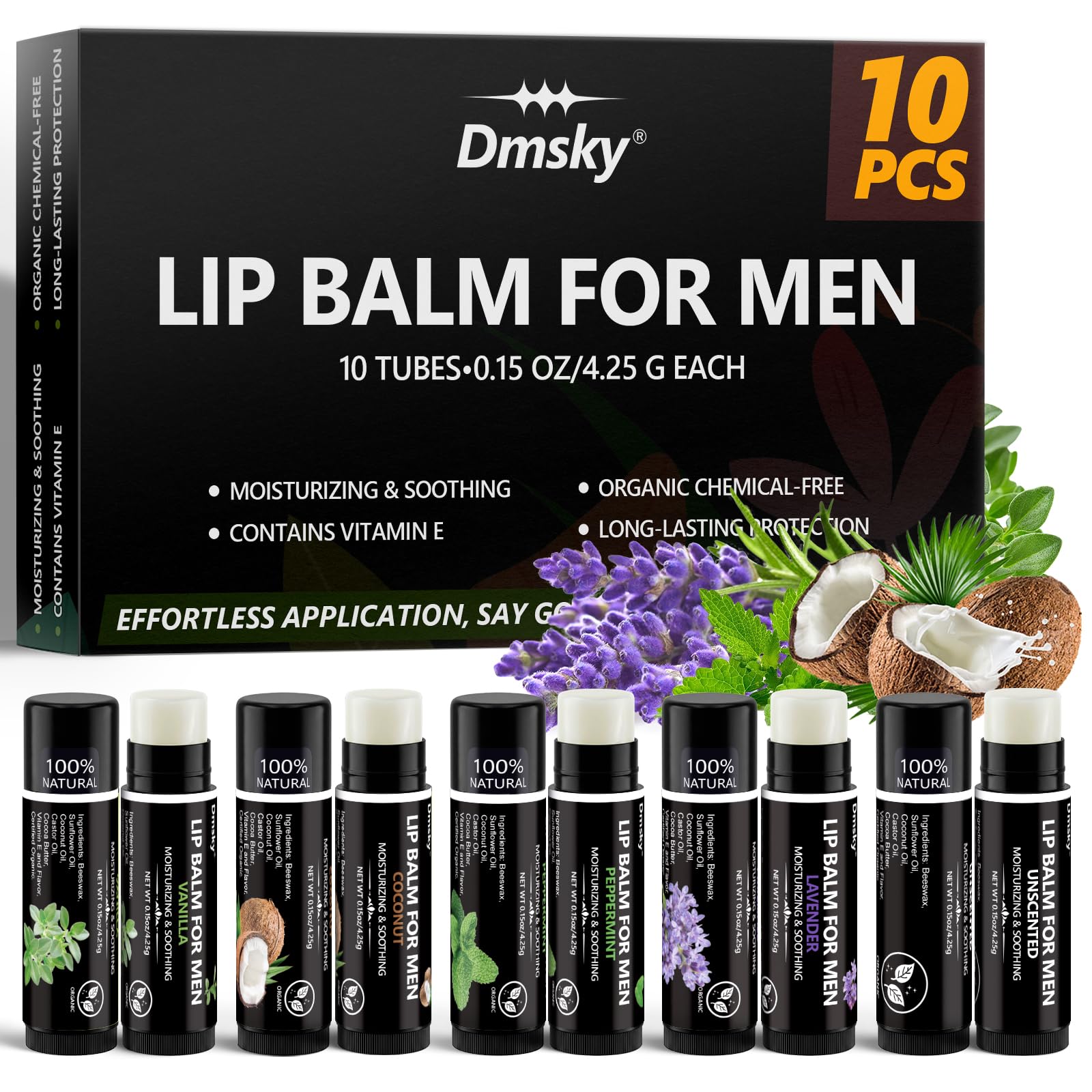 10 Pack Lip Balm for Men - Hydrating Men's Lip Balm Vitamin E and Beeswax - Chapstick for Men Peppermint, Coconut, Vanilla, Lavender & Unscent