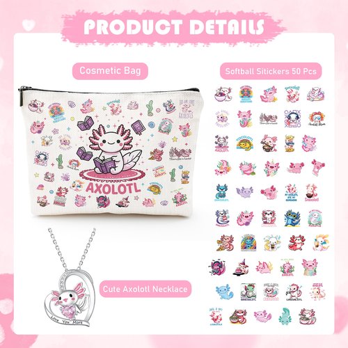 Silkovahamd Axolotl Gifts for Women - Cute Axolotl Necklace, Makeup Bag & 50Pcs Stickers Set - Unique Salamander Themed Present for Girl, Daughter, Axolotl Lover Birthday Christmas Velentine Day