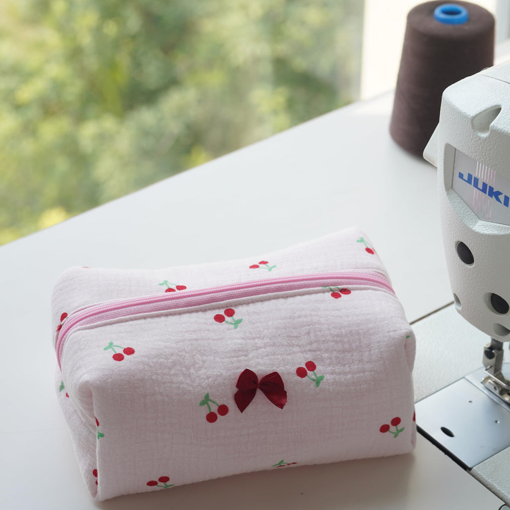 ZUNUONUO Handmade Quilted Cotton Makeup Bag for Women - Cute Cosmetic Pouch, Travel Toiletry & Make Up Organizer, Coquette Aesthetic Skincare Bag, Travel Essentials (Cute Cherry)