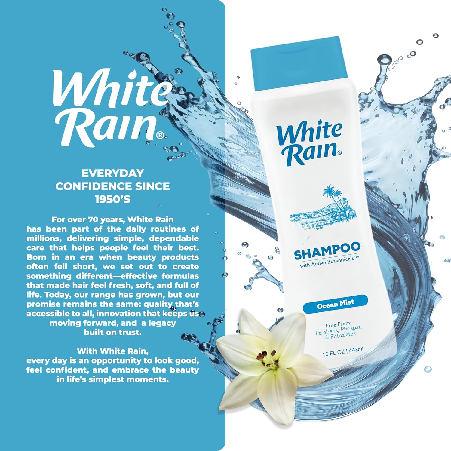 White Rain Moisturizing Shampoo - Ocean Mist Scent, 15 Fl Oz | Hydrating & Paraben-Free Formula for All Hair Types