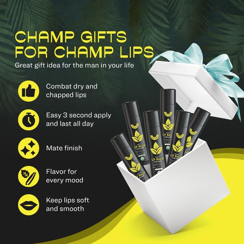 ChapChamp Lip Balm for Men - Mens Lip Balm Vitamin E and Beeswax - Chapstick for Men - Peppermint, Coconut & Vanilla - Made in the USA (USDA Organic, 6 Pack)