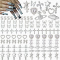 Pizadix 105 Pcs 3D Silver Nail Charms Y2K with Versatile Elements: Dollars, Crosses, Bows, Butterflies,Hearts Rhinestones, 3D Planets and Stars for Nail Art Decoration