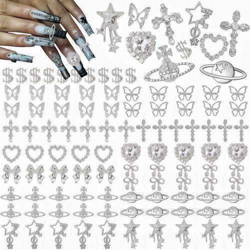 Pizadix 105 Pcs 3D Silver Nail Charms Y2K with Versatile Elements: Dollars, Crosses, Bows, Butterflies,Hearts Rhinestones, 3D Planets and Stars for Nail Art Decoration