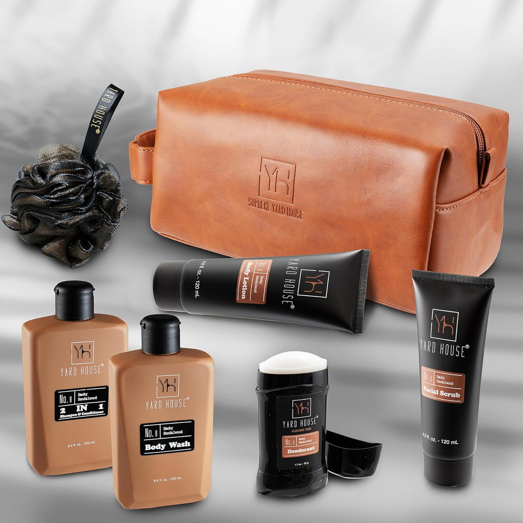 YARD HOUSE Luxury Men's Bath & Body Gift Set - Smoky Sandalwood All-Natural Skin Care Kit in Leather Bag