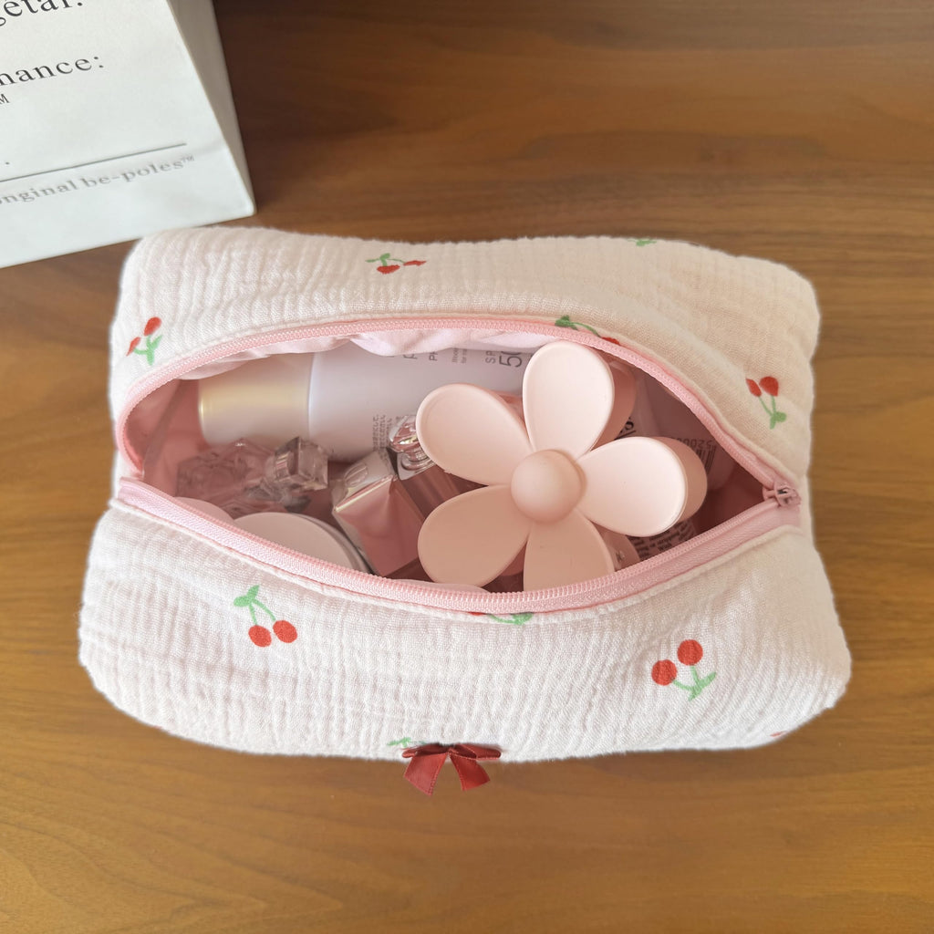 ZUNUONUO Handmade Quilted Cotton Makeup Bag for Women - Cute Cosmetic Pouch, Travel Toiletry & Make Up Organizer, Coquette Aesthetic Skincare Bag, Travel Essentials (Cute Cherry)