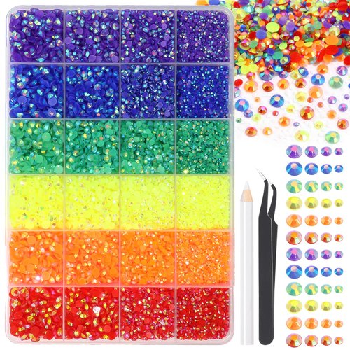 BELICEY 24000Pcs Rainbow Rhinestones for Nails - Flatback Resin Crystal Round Beads Gems Multi Sizes - 3D Crystals for Nail Art DIY Crafts Clothes Shoes Jewelry