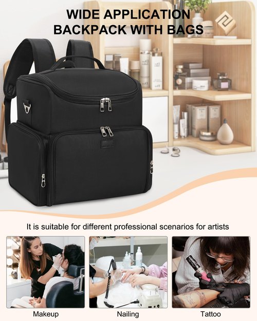 Relavel Tattoo Backpack with 4 Removable Pouches, Tattoo Travel Case with 3 Detachable Dividers, Waterproof Tattoo Carrying Case for Stencil Printer, Equipment and Supplies - Black