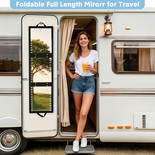 Fabuday Foldable Full Body Length Mirror with Light for Travel - Lighted Rechargeable Trifold Hanging Long Mirror, Folding Portable Tall Mirrors for Camping, RV, Dance, Dressing, Over The Door