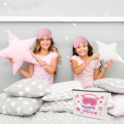 Papiailove 12 Pcs Sleepover Party Supplies for Girls, Includes 4 Pink Plush Eye Masks, 4 Hair Bands and 4 Double-Sided Printed Makeup Bags Slumber Party Supplies Spa Birthday Party Favors