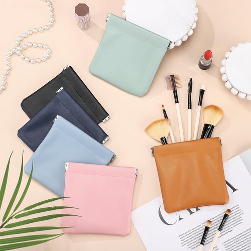 12 Pcs Lambskin Pocket Cosmetic Bag Waterproof No Zipper Self Closing Makeup Bag PU Leather Cosmetic Pouch Cute Purse Makeup Bag Travel Storage for Women Cosmetics Jewelry Toiletry (Retro Color)