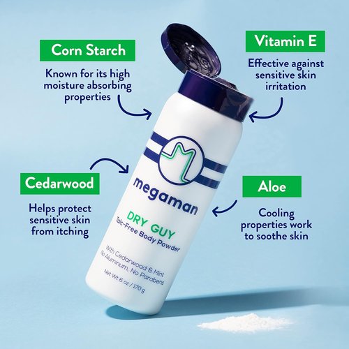 Megaman Sweat Absorbing Body Powder - Talc-Free, All Natural | Prevents Chafing & Odor | 6 oz