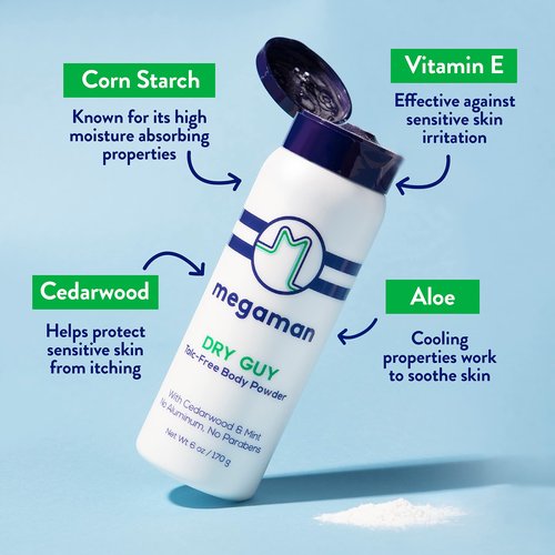 Megaman Sweat Absorbing Body Powder - Dry Guy | Prevents Chafing & Odor | Groin, Body, Feet & More | Talc-Free, All Natural | 6 oz