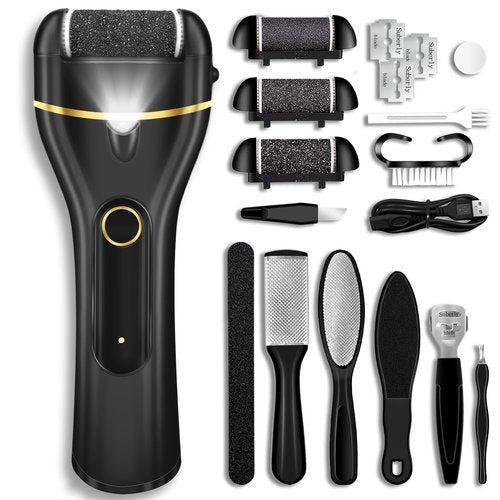 Jamestry Callus Remover for Feet, Electric Foot Callus Remover Waterproof with 3 Rollers 2 Speed Battery Display,17 in1 Rechargeable Foot File Pedicure Kits for Dead Hard Cracked Dry Skin