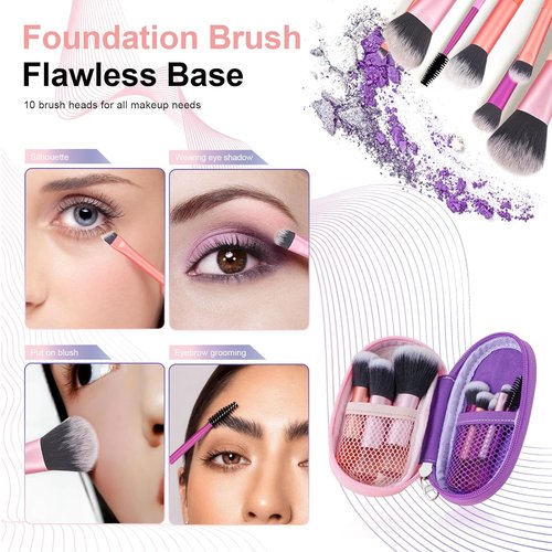 Skiennix Portable Mini Travel Makeup Brush Set - 10 Pcs Soft Synthetic Bristles for Full Face | Compact Pouch Included