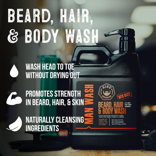 GIBS Grooming Amber 3 in 1 Body Wash For Men, Beard & Hair Moisturizing and Cleansing Liquid Body Wash Liter - Sulfate and Paraben Free