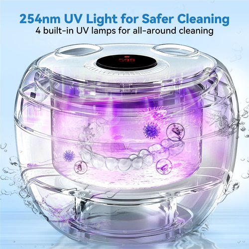 Hosoote Ultrasonic Retainer Cleaner Machine - 45kHz Dental Cleaning Pod for Denture, Mouth Guard, Aligner, Night Guard, Braces, Retainers & Jewelry - Denture Cleaner with 4 Modes & Digital Timer