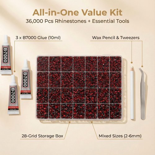 36000Pcs Burgundy Rhinestones for Bedazzling, Bedazzler Kit with Maroon Gems Diamond, Bedazzled Dark Red Resin Flatback Crystal Stone Jewels 2-6MM for Crafting Clothes Crafts Clothing and b 7000 Glue