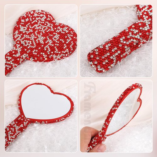 Framendino, 1 Pack Bling Heart Cosmetic Handheld Mirror Red Metal with Handle for Women Makeup Travel