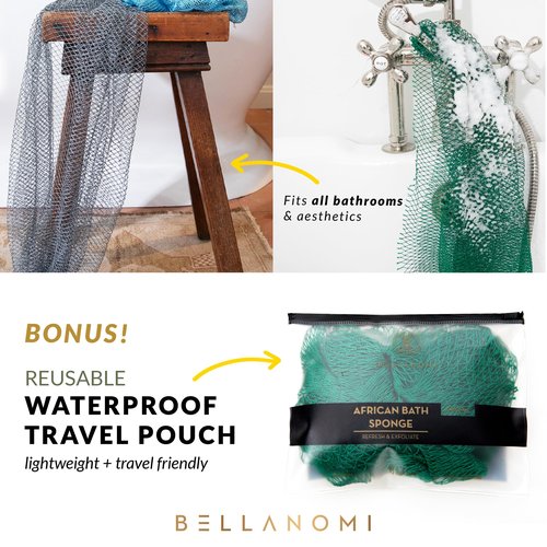 BELLANOMI 4 Piece African Exfoliating Net Sponge Long African Bath Sponge, Authentic Ethically Sourced from Nigeria, Great for Daily Use (Copper Brown, Orange, Green, Yellow)