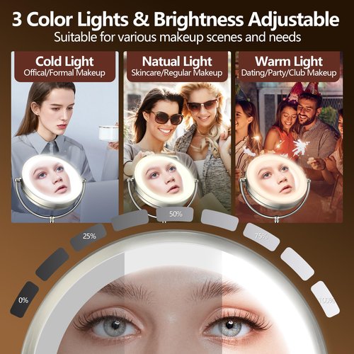15X Magnifying Mirror with Light, Rechargeable 9" Lighted makeup mirror with magnification, 3 Color Modes, Adjustable Brightness, No Assembly Required, 360° Rotation Cosmetic Mirror, Pearl Nickel
