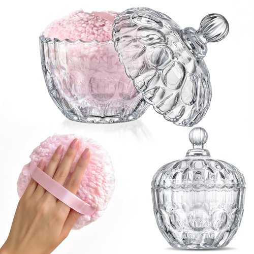 kanpura 2 Pcs Extra Large Body Powder Puff and Container Clear 6 Inch Body Powder Puff and Crystal Container for Baby Women Reusable, Washable, Wet and Dry Makeup