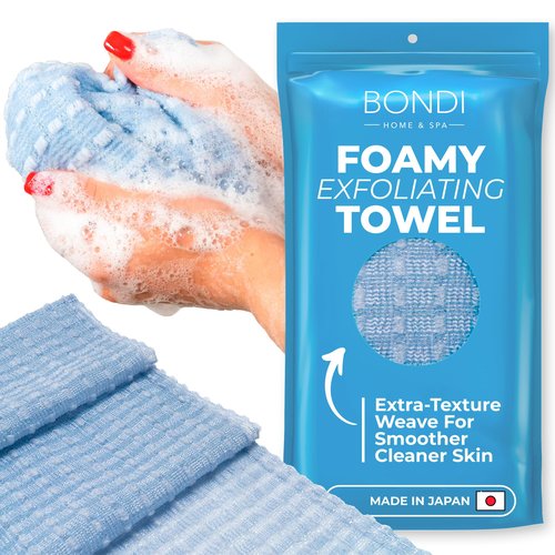 BONDI Exfoliating Shower Towel for Smooth Skin - Extra Long - Perfect for Back Scrubbing - Made in Japan