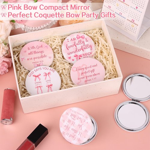 12 Pcs Pink Bow Coquette Mini Compact Mirrors Inspirational Christian Gifts Bulk for Women Portable Round Bible Verse Pocket Makeup Mirror Religious Gifts for Women Office School Church Party Favor