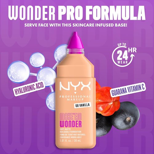 NYX PROFESSIONAL MAKEUP Make 'Em Wonder Liquid Foundation - 24HR Soft Matte Finish, Full Coverage, 08 Vanilla