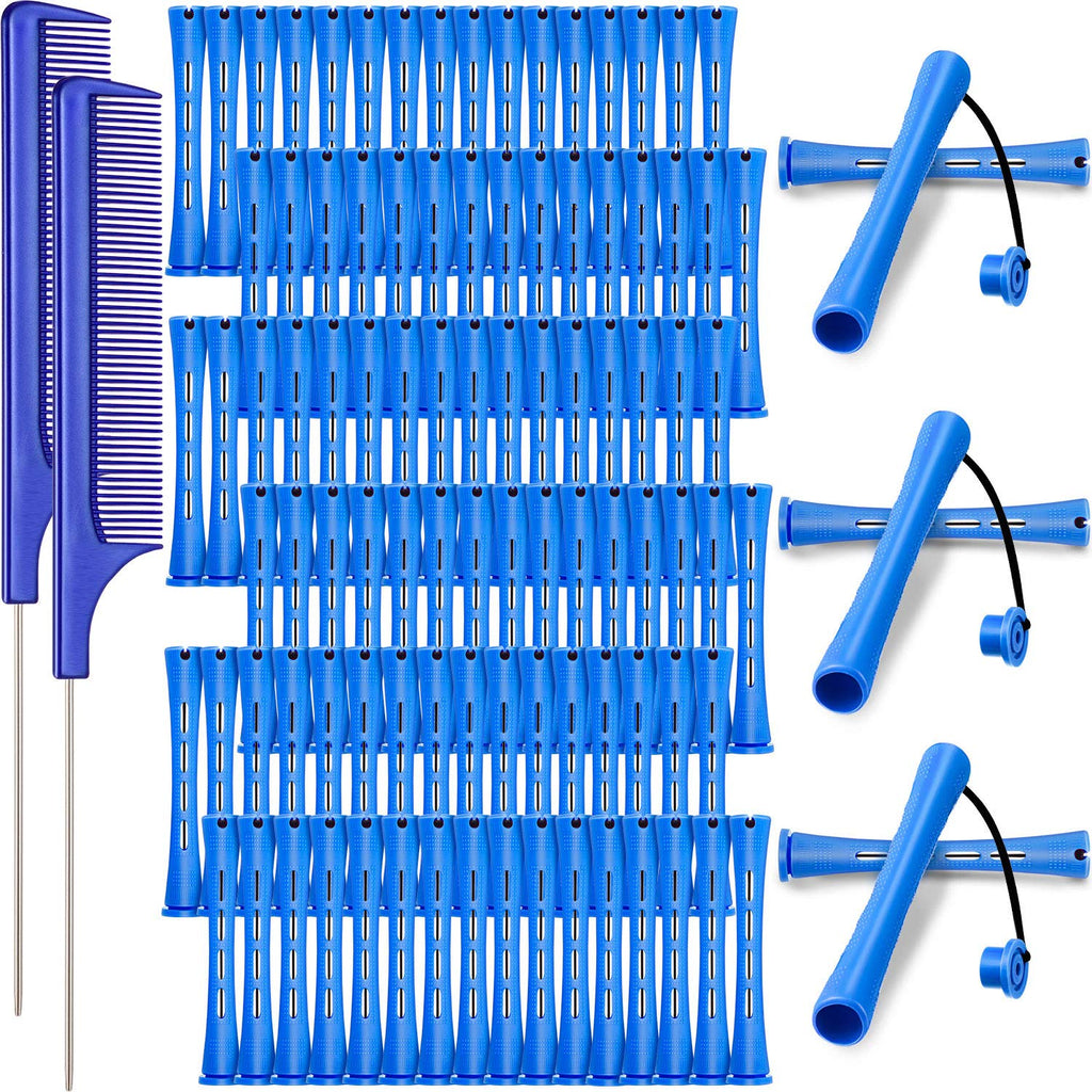 WILLBOND Hair Perm Rods - 96 Pcs Plastic Cold Wave Curlers with 2 Pintail Combs | Heatless Styling Tool (0.35 Inch, Blue)