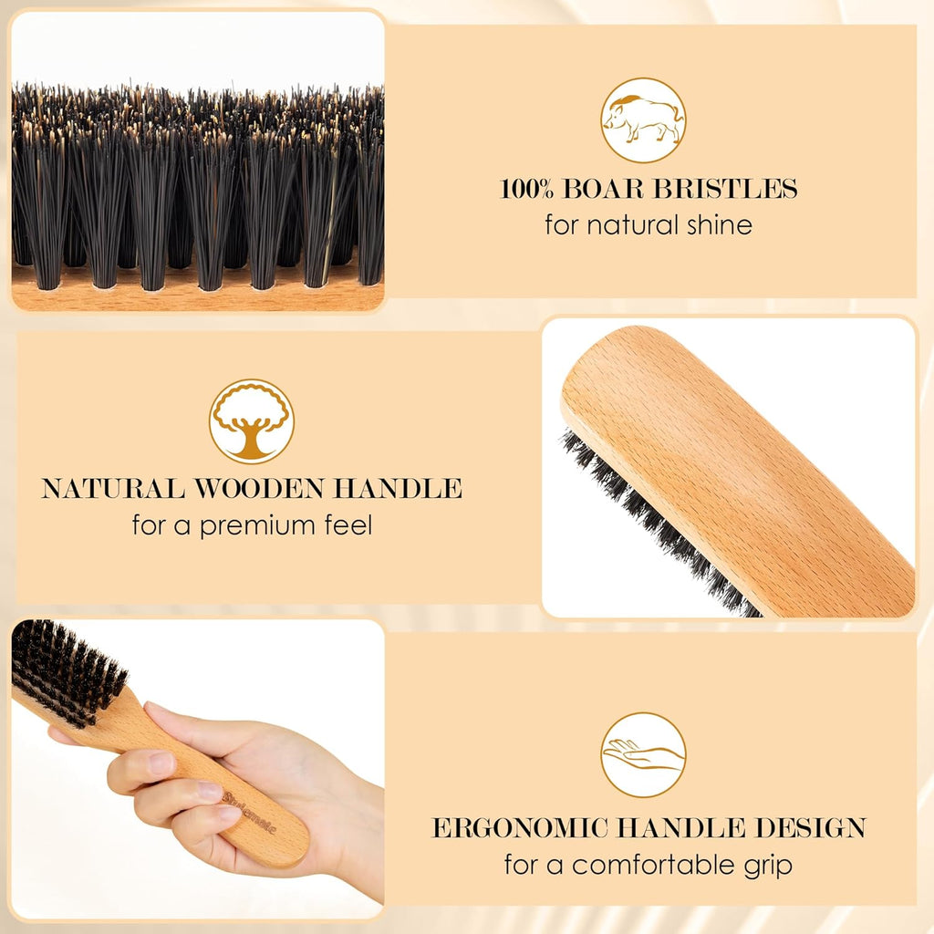 STYLEMATE Slick Back Hair Brush - Natural Soft Boar Bristle for Thin & Fine Hair | Medium Hardness Smoothing Tool
