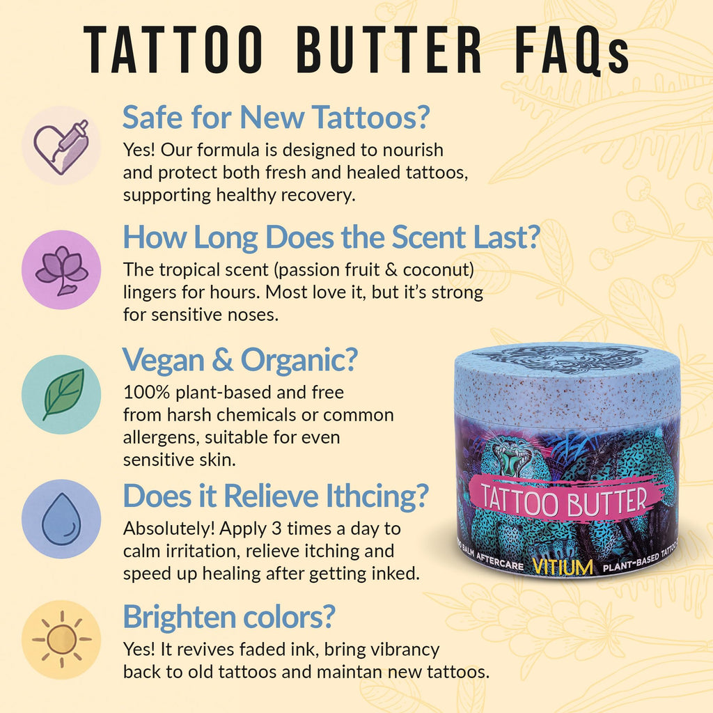 VITIUM Tattoo Butter – Tattoo Aftercare Balm with Organic Plant-Based Ingredients – Deep Moisturizing & Brightening for Vibrant Tattoos – Vegan, Natural, Soothing – Made in Italy - 5oz