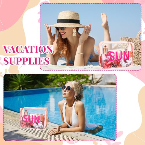 Shinylin Sun Clear Beach Makeup Bag 9.5" x 7" x 3.5" Large Cosmetic Pouch Pink Travel Toiletry Bag PVC Waterproof Transparent Zippered Organizer for Women Girl Summer