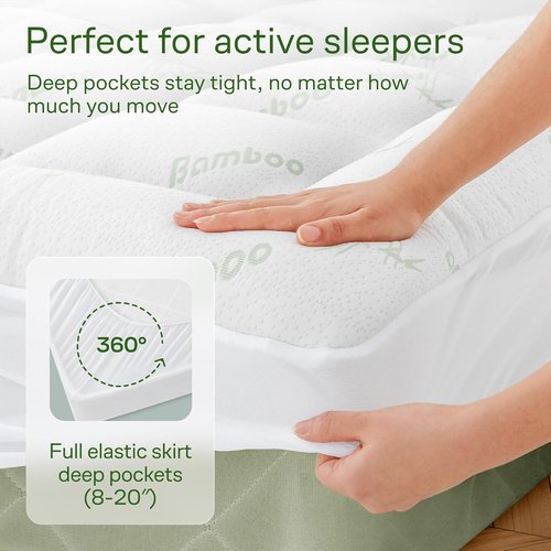 Skiennix Ultra Soft Queen Size Mattress Topper - Bamboo Viscose Pillow Top for Full Body Support | Naturally Cooling, Green