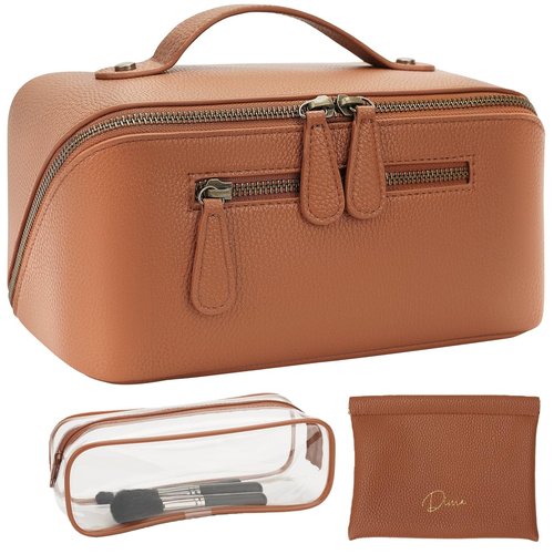 Divvia Travel Makeup Bag 3 Pcs Set, Waterproof Vegan Leather Toiletry Bag Organizer with Compartments & Handle, Cosmetic Bags for Women, Portable Travel Essentials Pouch (Large, brown)