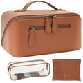 Divvia Travel Makeup Bag 3 Pcs Set, Waterproof Vegan Leather Toiletry Bag Organizer with Compartments & Handle, Cosmetic Bags for Women, Portable Travel Essentials Pouch (Large, brown)