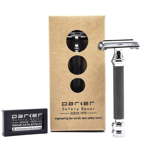 Parker 76R Butterfly Open Safety Razor - Heavyweight Gunmetal Finish with Long Knurled Handle for Precision Shaving